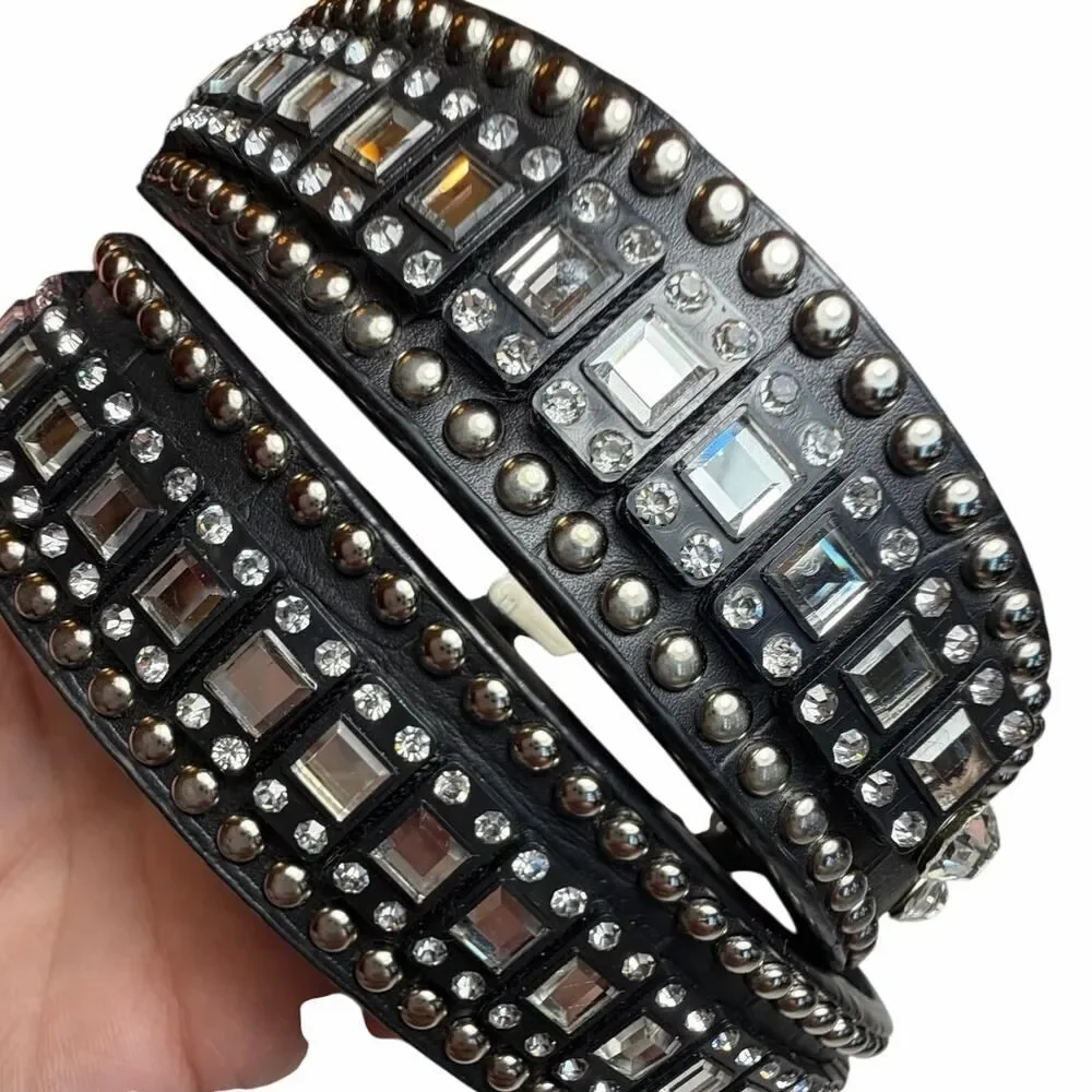 Western Rhinestone Crystal Belt Black Genuine Leather Croc Embossed Studded SM
